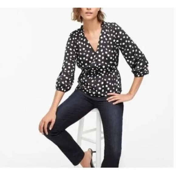 J Crew Top Womens 10 Black Painted Dot Peplum Satin Crepe 3/4 Sleeve Romantic - Picture 1 of 7